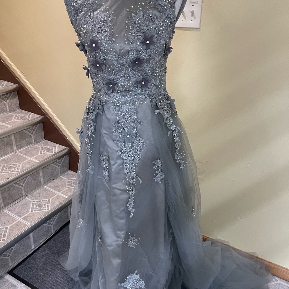 Elegant Gray Embellished Evening Gown